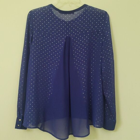 Nordstrom Eric & Lani Blouse Women's Large Sheer Blue Silver Metallic Polka Dot - Picture 3 of 7